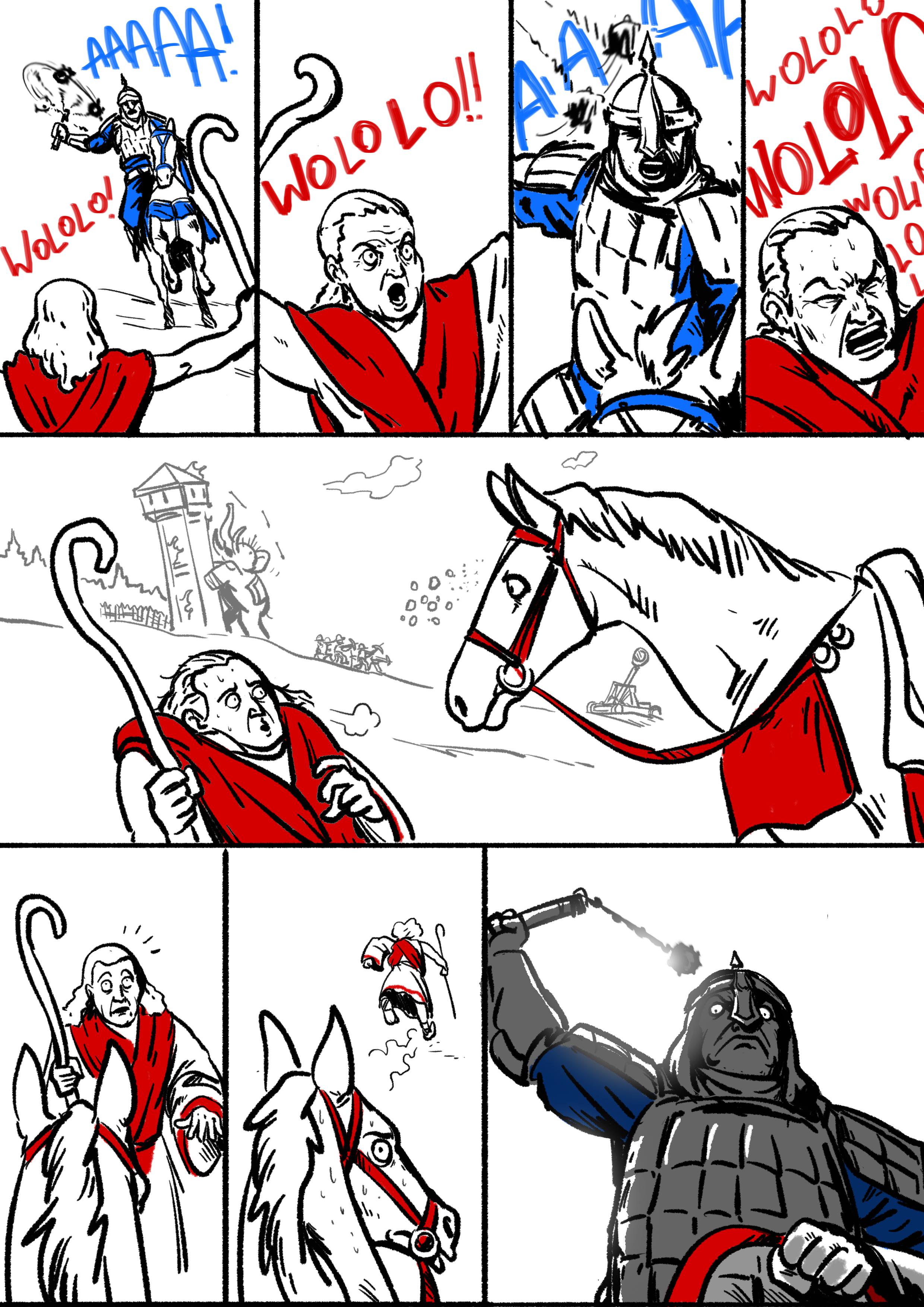 Comic: A blue-team rider with a flail charges a chanting red-team monk. The chanting intensifies as the rider closes in. The monk closes his eyes as he chants desperately. Suddenly, just before impact the horse is stopped in front of him, now dressed for red-team. The monk is relieved until he looks up at the unshown rider and then scampers away. The horse nervously looks back at the still unshown rider. The rider, revealed in blue, casts a baleful gaze upon the horse below him as his flail is  raised in a swing across a shining sky.